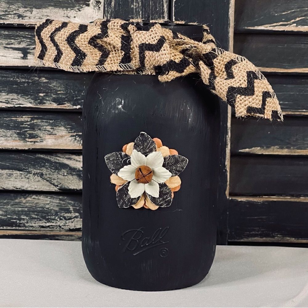 Hand-Painted Matte Black Quart Mason Jar with Chevron Burlap Ribbon & 3D Flowers